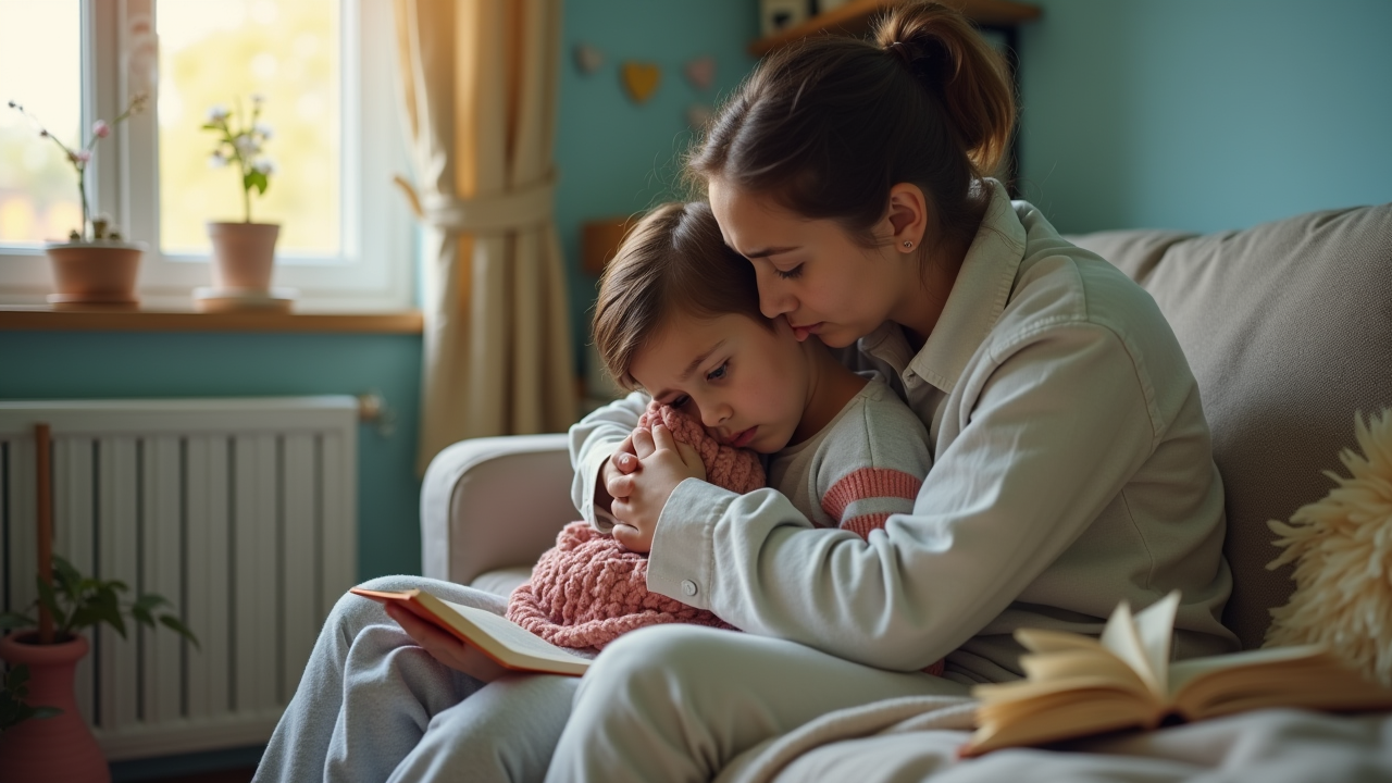 A parent comforting their child with a compassionate hug in a softly lit living room, conveying safety, love, and emotional recovery